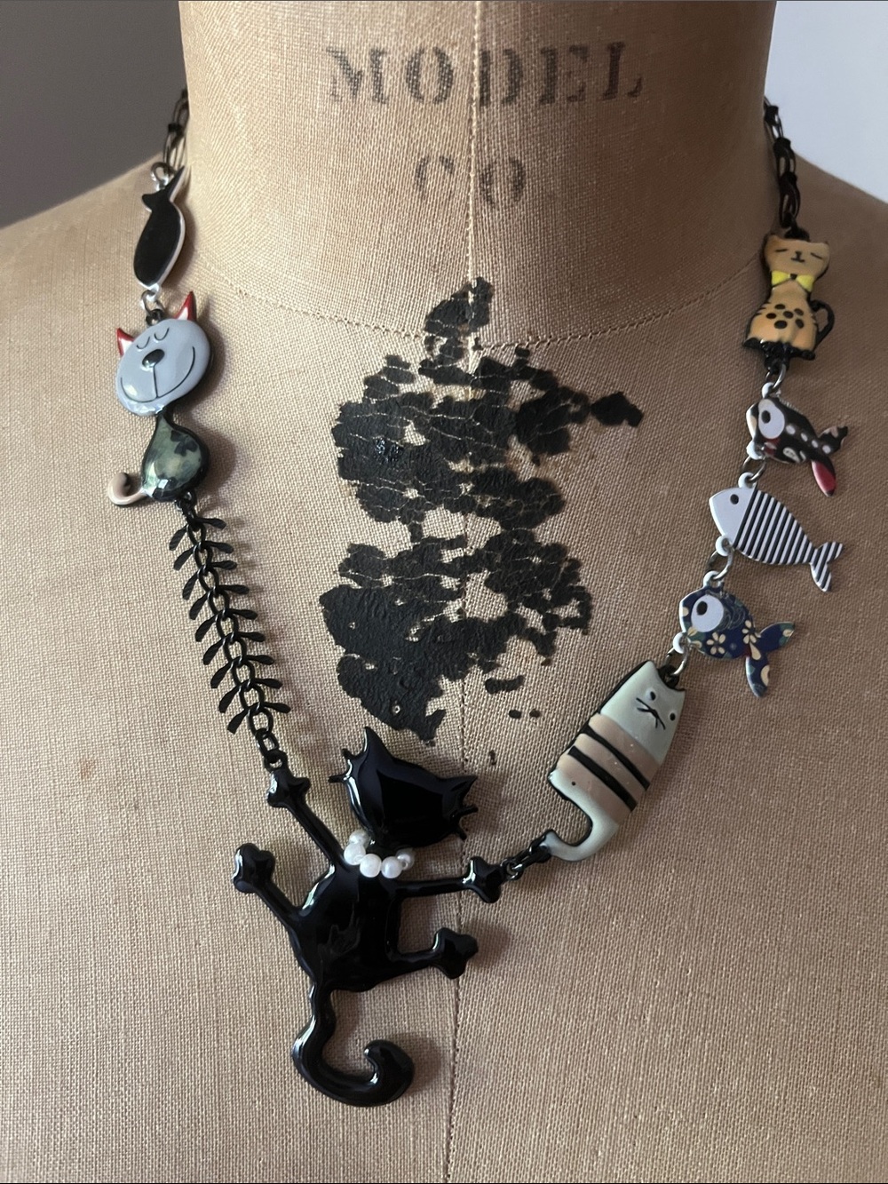 Whimsical Black Cat and Fish Charm Necklace - Cute Cat Pendant